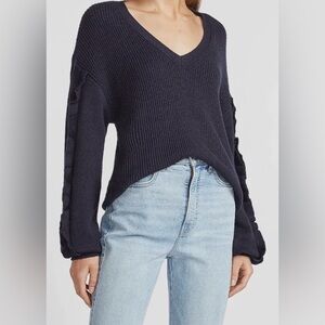 NWT Express | M | Navy V-Neck Ribbed Knit Ruffle Seam Sleeve Pullover Sweater